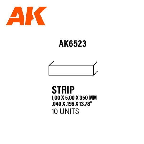 Полістирольна стріпса для моделювання (Styrene Strip) 1.00 x 5.00 x 350 мм 10 шт AK-Interactive AK6523 AK6523 фото