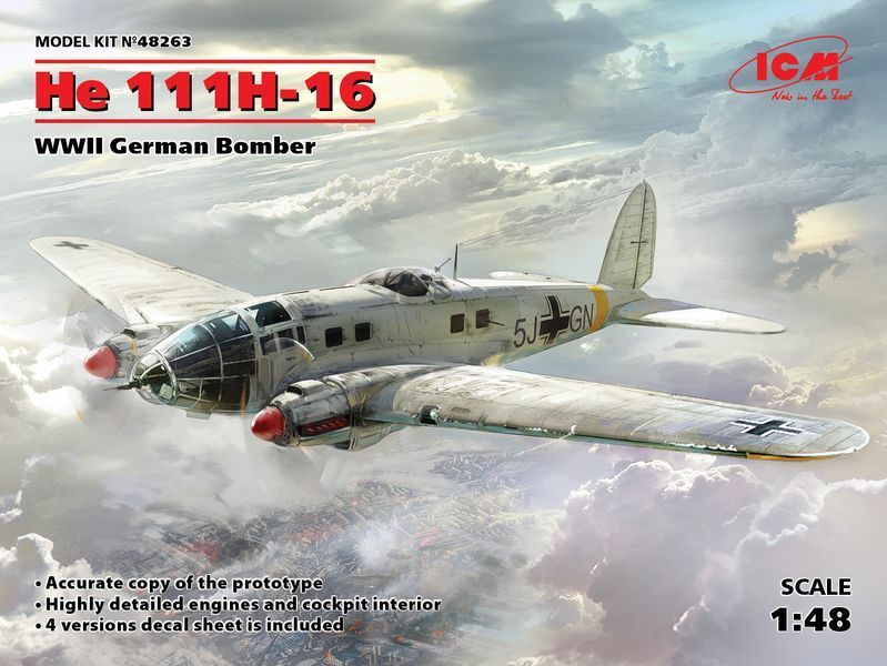 Сборная модель ICM 1/48 He 111H-16, Немецкий бомбардировщик 2 Мировой войны 48263 ICM48263 фото