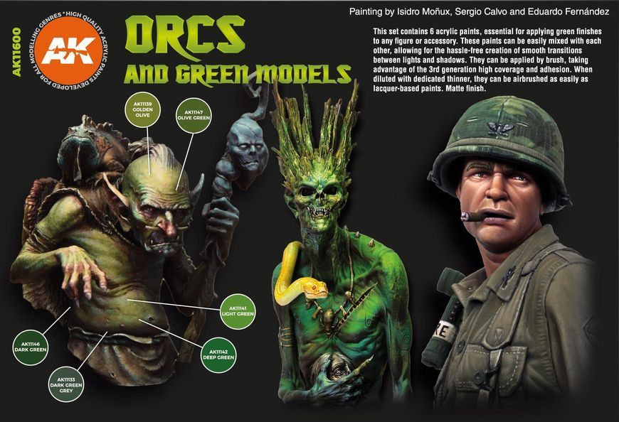 Набір акрилових фарб для аерографу Орки Та Зелені Істоти (Orcs And Green Creatures) 6 шт. AK-Interactive AK11600 AK11600 фото