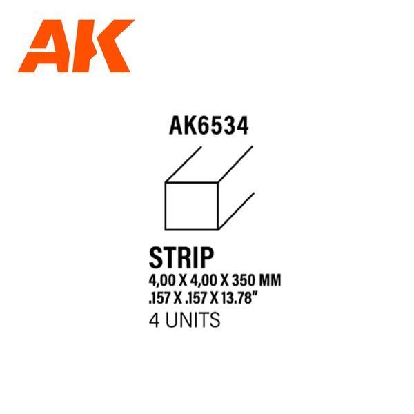 Полистирольная стрипса для моделирования (Styrene Strip) 4.00 x 4.00 x 350 мм 10 шт AK-Interactive AK6534 AK6534 фото