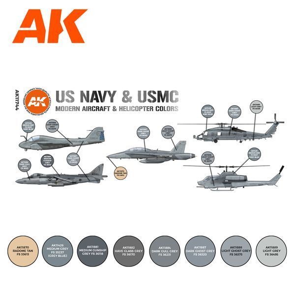 Набір акрилових фарб ВМС США & USMC Сучасні Літакові Та Гелікоптерні Кольори (US Navy & USMC Modern Aircraft & Helicopter Set 3G) 8 шт AK-Interactive AK11744 AK11744 фото