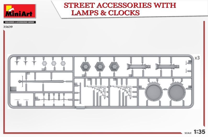 Вуличні ліхтарі, годинники, лавки та огорожі 1/35 Street Accessories with Lamps & Clocks MiniArt 35639 MA35639 фото