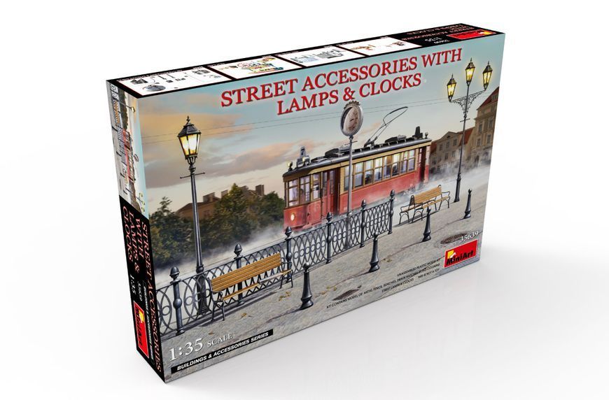 Вуличні ліхтарі, годинники, лавки та огорожі 1/35 Street Accessories with Lamps & Clocks MiniArt 35639 MA35639 фото