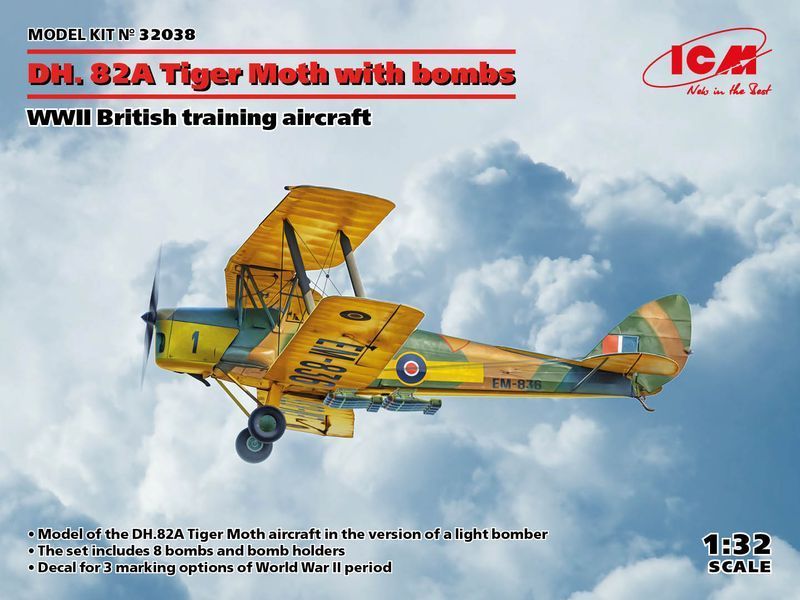 Сборная модель ICM 1/32 DH. 82A Tiger Moth с бомбами, Британский учебный самолет 2 СВ 32038 ICM32038 фото