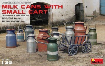 Металлические бочки 1/35 для молока (Milk Cans with Small Cart) MiniArt 35580 , сборная модель бочек Миниарт MA35580 фото
