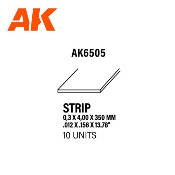 Полістирольна стріпса для моделювання (Styrene Strip) 0.30 x 4.00 x 350 мм 10 шт AK-Interactive AK6505 AK6505 фото