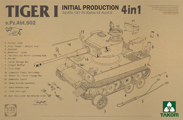 Немецкий тяжёлый танк 1/35 Tiger I Initial Production 4 in 1 Takom 2197 , сборная модель танка Тигр Таком TK2197 фото
