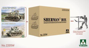 Сборная модель 1/35 два танка Шерман и член экипажа за пулеметом (Sherman Box M4A1 (76W) HVSS + M1 Super Sherman + US Army Tank Crewman WW2 w/.50 Cal Machine Gun) Takom 2205W TK2205W фото
